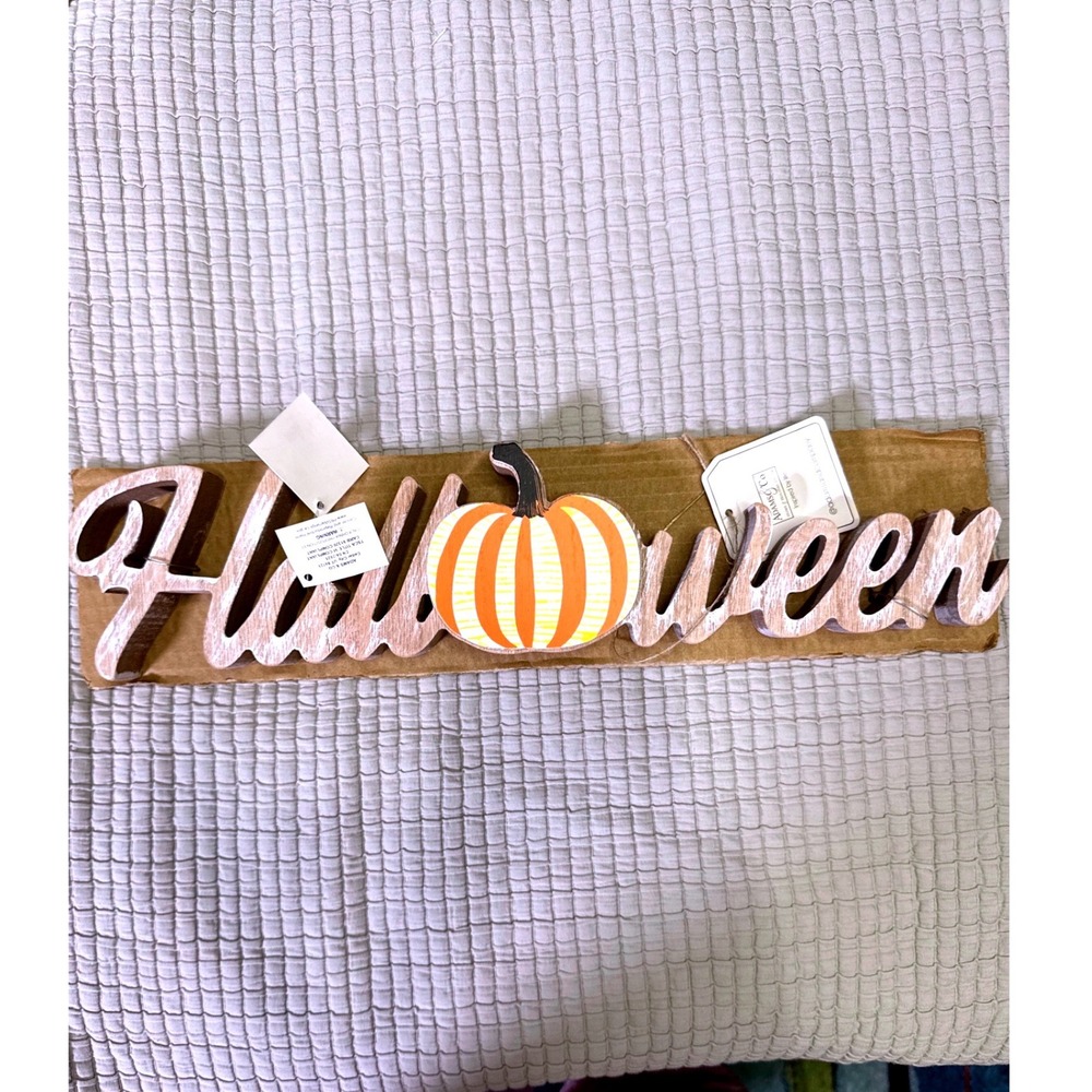Adams & Co Halloween Wood Cutout Sign 16x4x1 Distressed White Orange Pumpkin